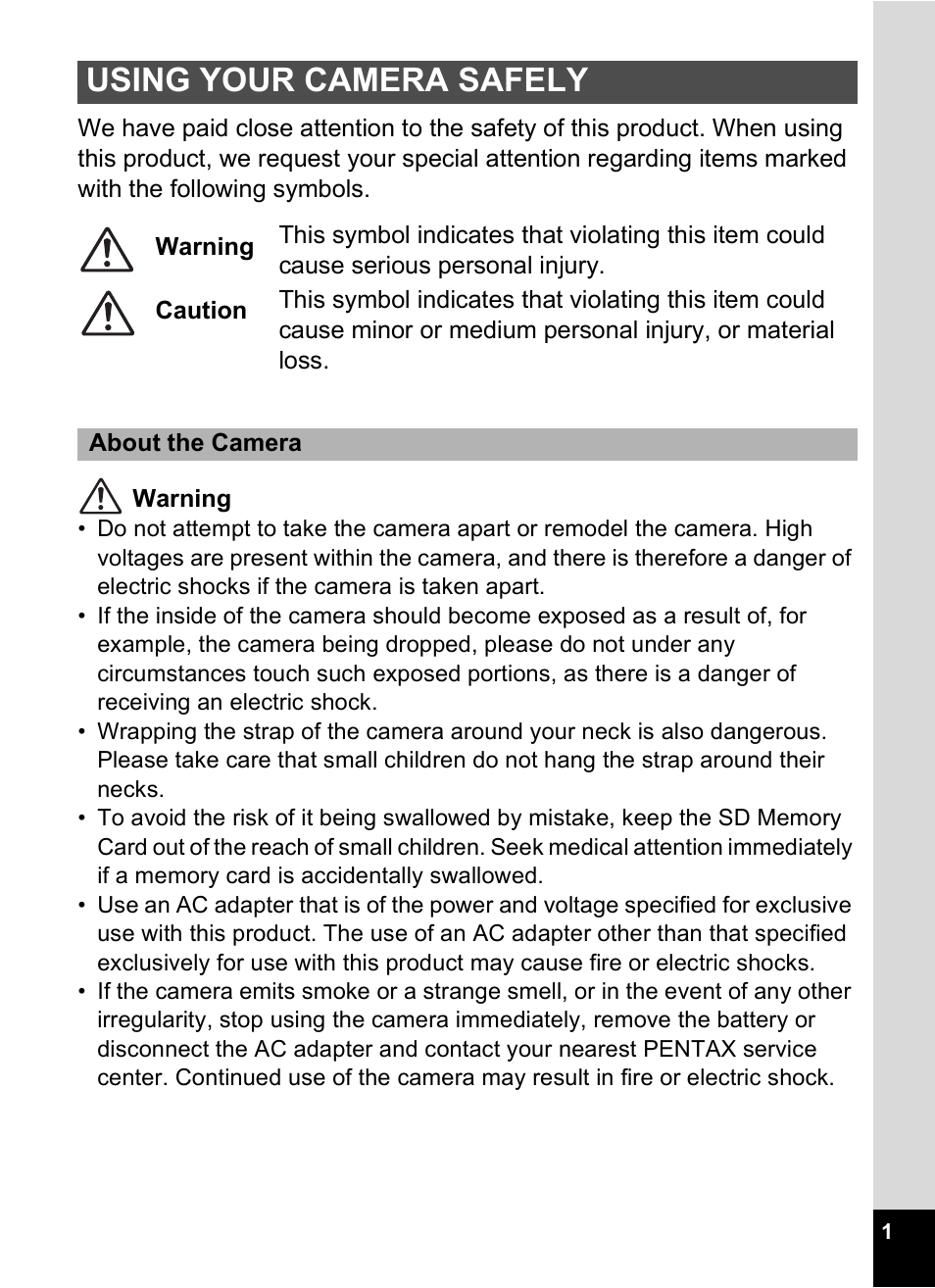 Using your camera safely | Pentax Optios7 User Manual | Page 3 / 192