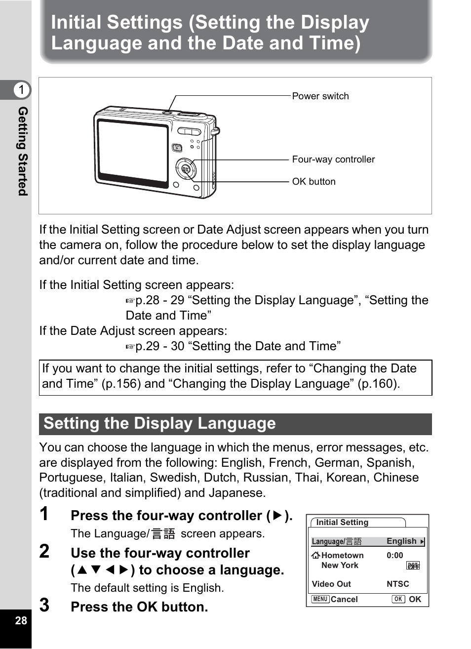 Setting the display language, And time), Press the four-way controller ( 5 ) | Press the ok button | Pentax Optios7 User Manual | Page 30 / 192