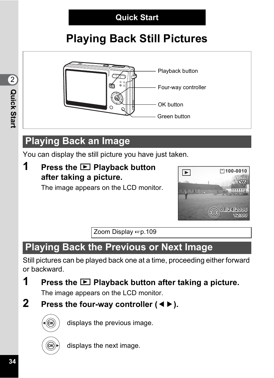 Playing back still pictures, Playing back an image, Playing back the previous or next image | Pentax Optios7 User Manual | Page 36 / 192
