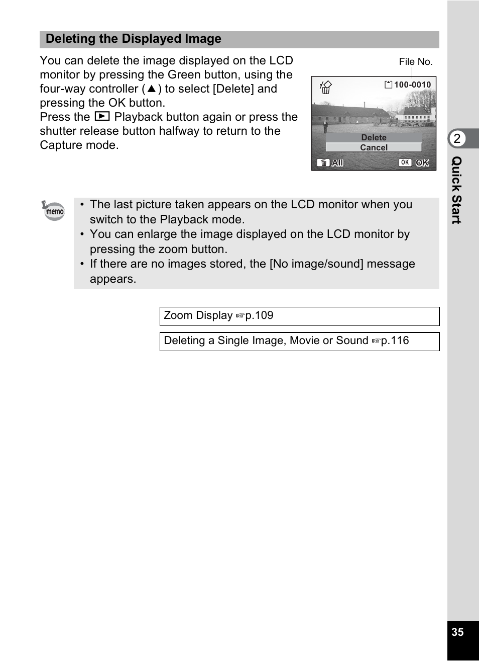 Qu ick star t 2, Deleting the displayed image | Pentax Optios7 User Manual | Page 37 / 192