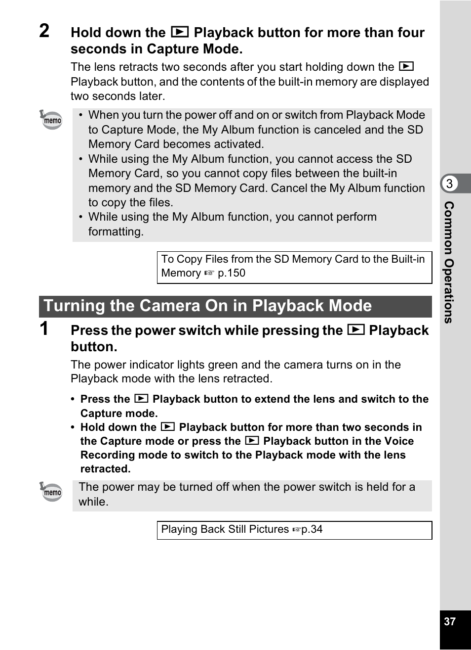 Turning the camera on in playback mode | Pentax Optios7 User Manual | Page 39 / 192