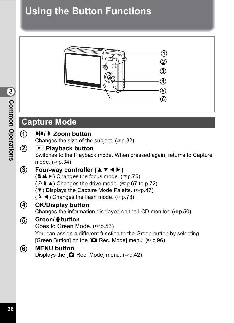 Using the button functions, Capture mode | Pentax Optios7 User Manual | Page 40 / 192