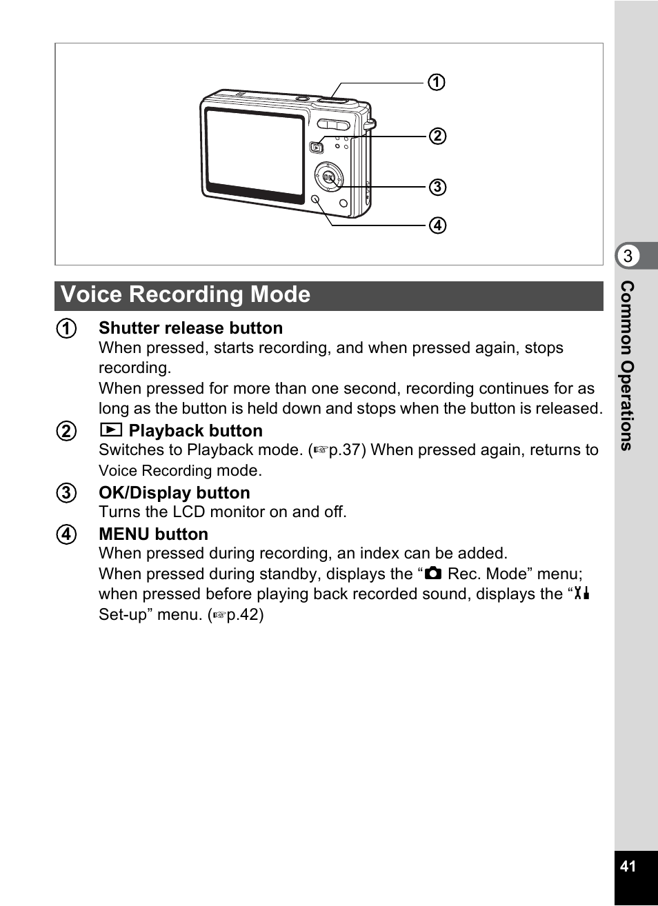 Voice recording mode | Pentax Optios7 User Manual | Page 43 / 192