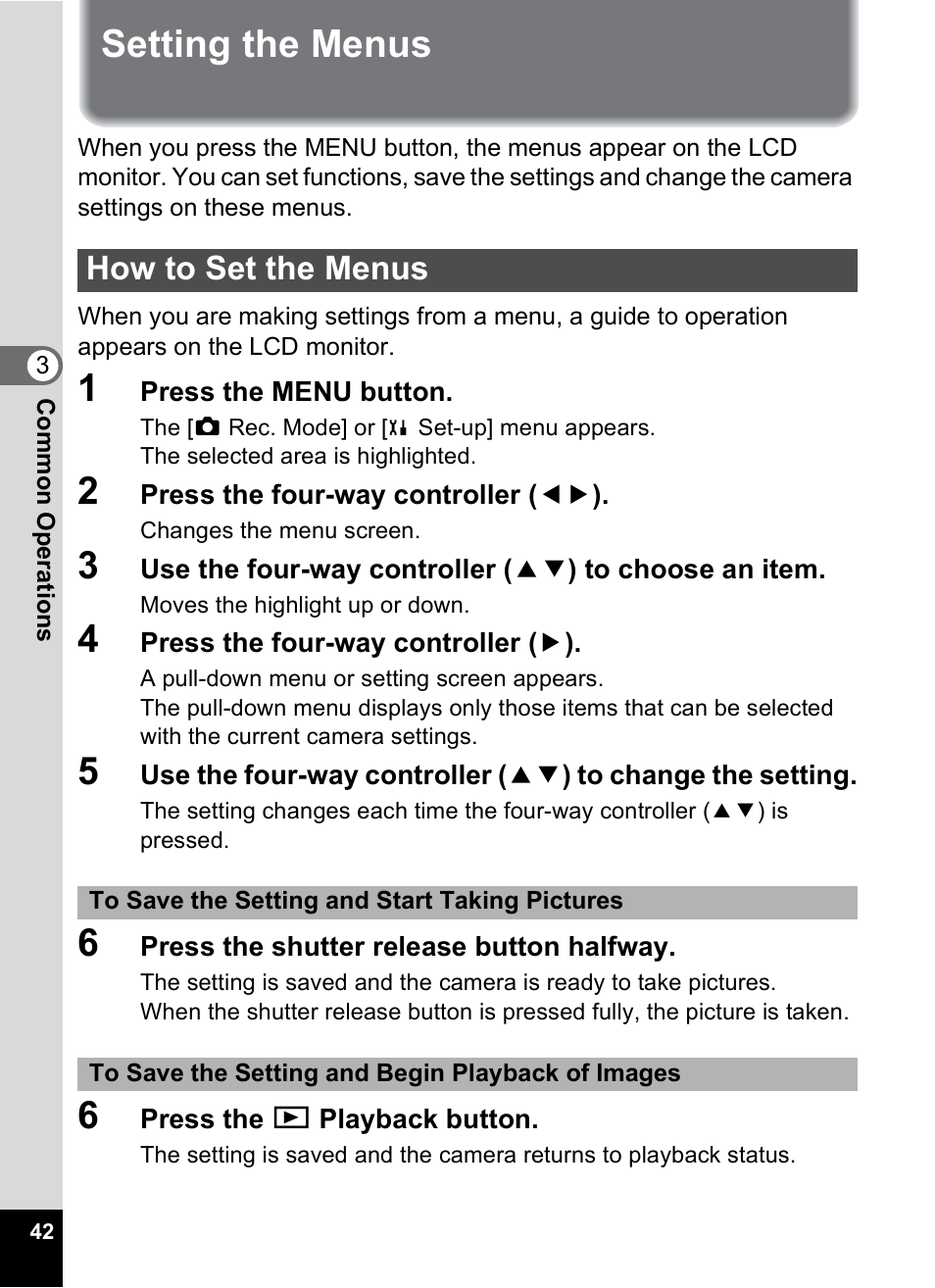 Setting the menus, How to set the menus, P.42) | Pentax Optios7 User Manual | Page 44 / 192