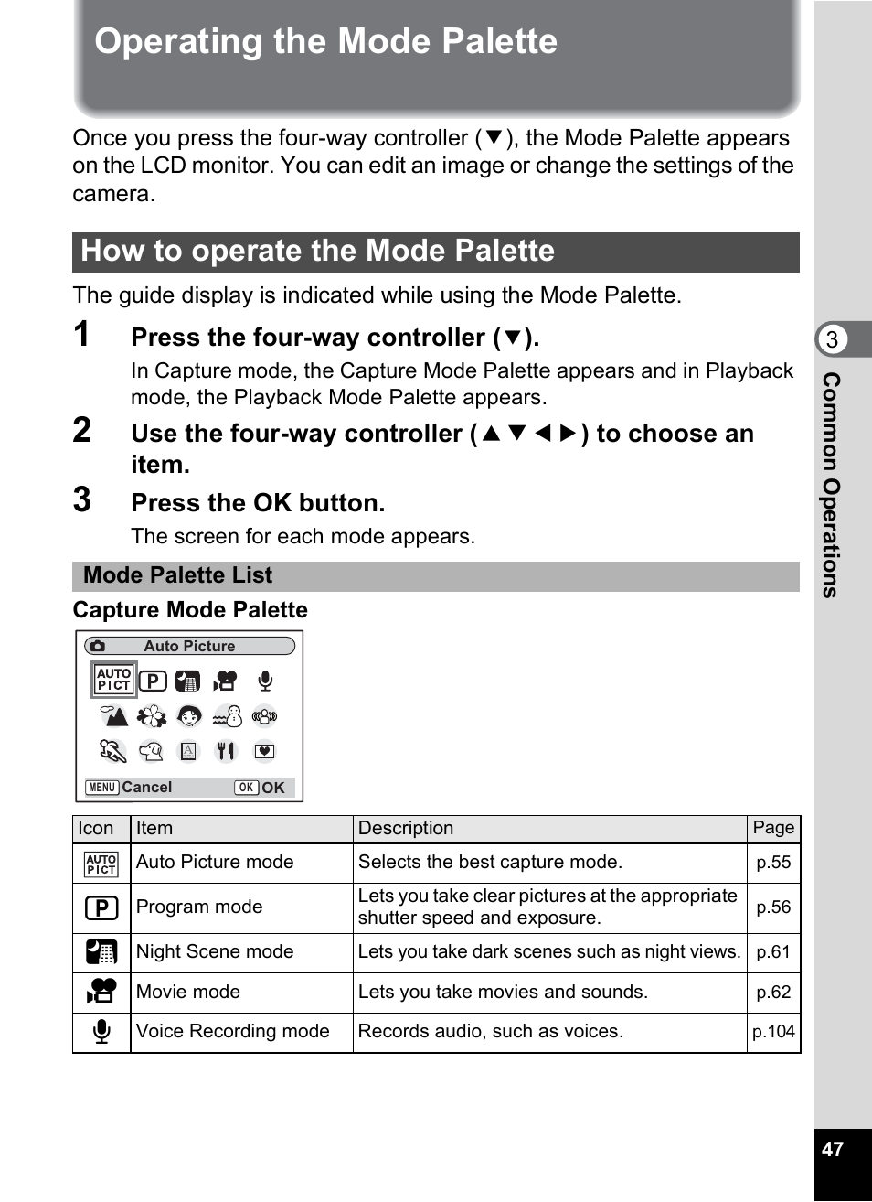 Operating the mode palette, How to operate the mode palette, P.47 | Pentax Optios7 User Manual | Page 49 / 192