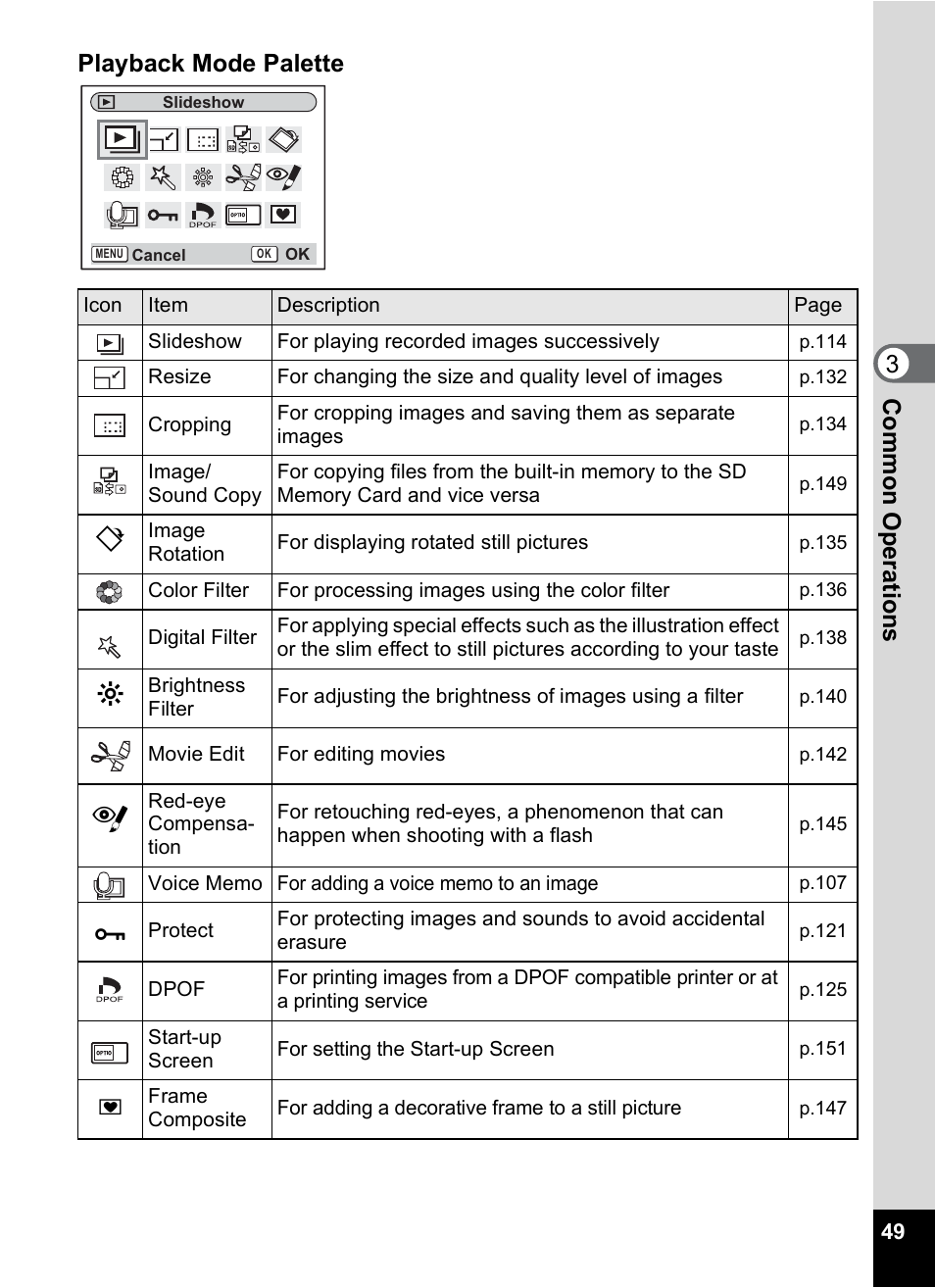 P.49), Com m on o p erati ons 3 playback mode palette | Pentax Optios7 User Manual | Page 51 / 192