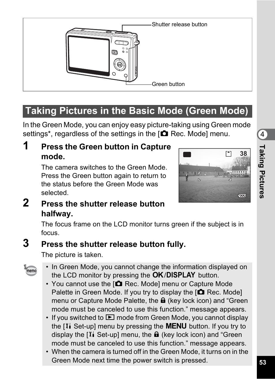 Taking pictures in the basic mode (green mode), P.53 | Pentax Optios7 User Manual | Page 55 / 192