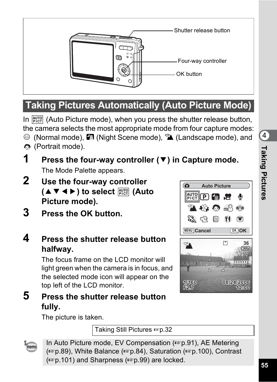 Taking pictures automatically (auto picture mode), P.55, Press the ok button | Press the shutter release button halfway, Press the shutter release button fully | Pentax Optios7 User Manual | Page 57 / 192
