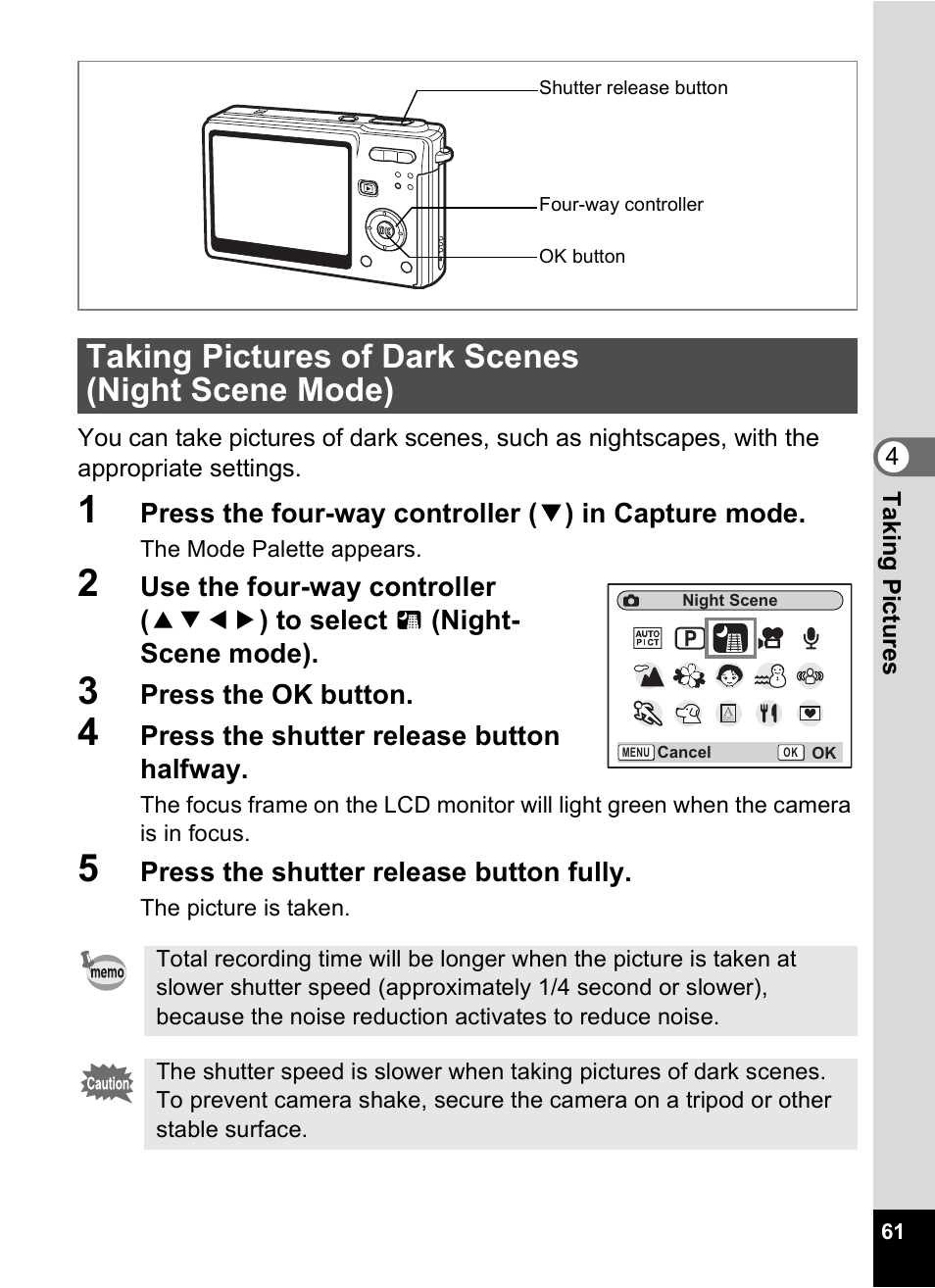 Taking pictures of dark scenes (night scene mode), P.61 | Pentax Optios7 User Manual | Page 63 / 192