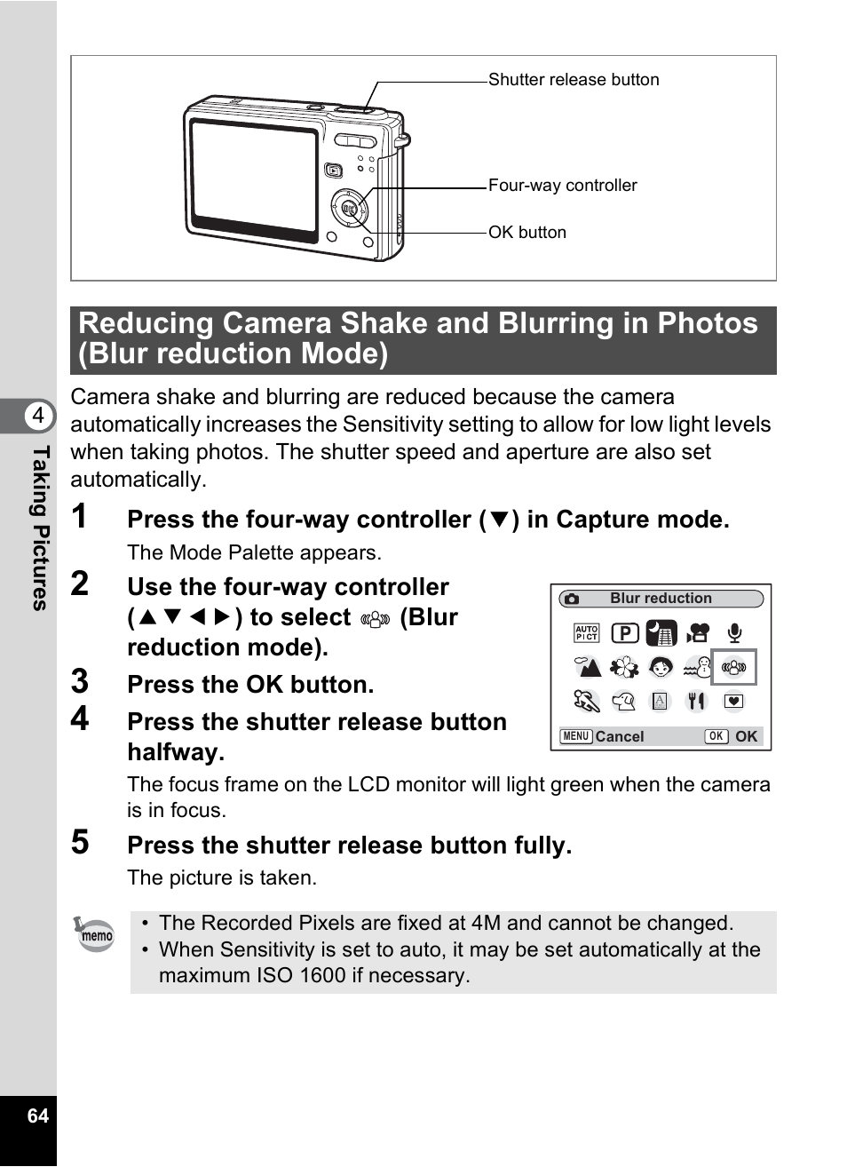 Reducing camera shake and blurring in photos, Blur reduction mode) | Pentax Optios7 User Manual | Page 66 / 192