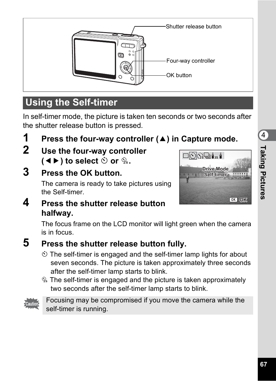 Using the self-timer, P.67 t | Pentax Optios7 User Manual | Page 69 / 192