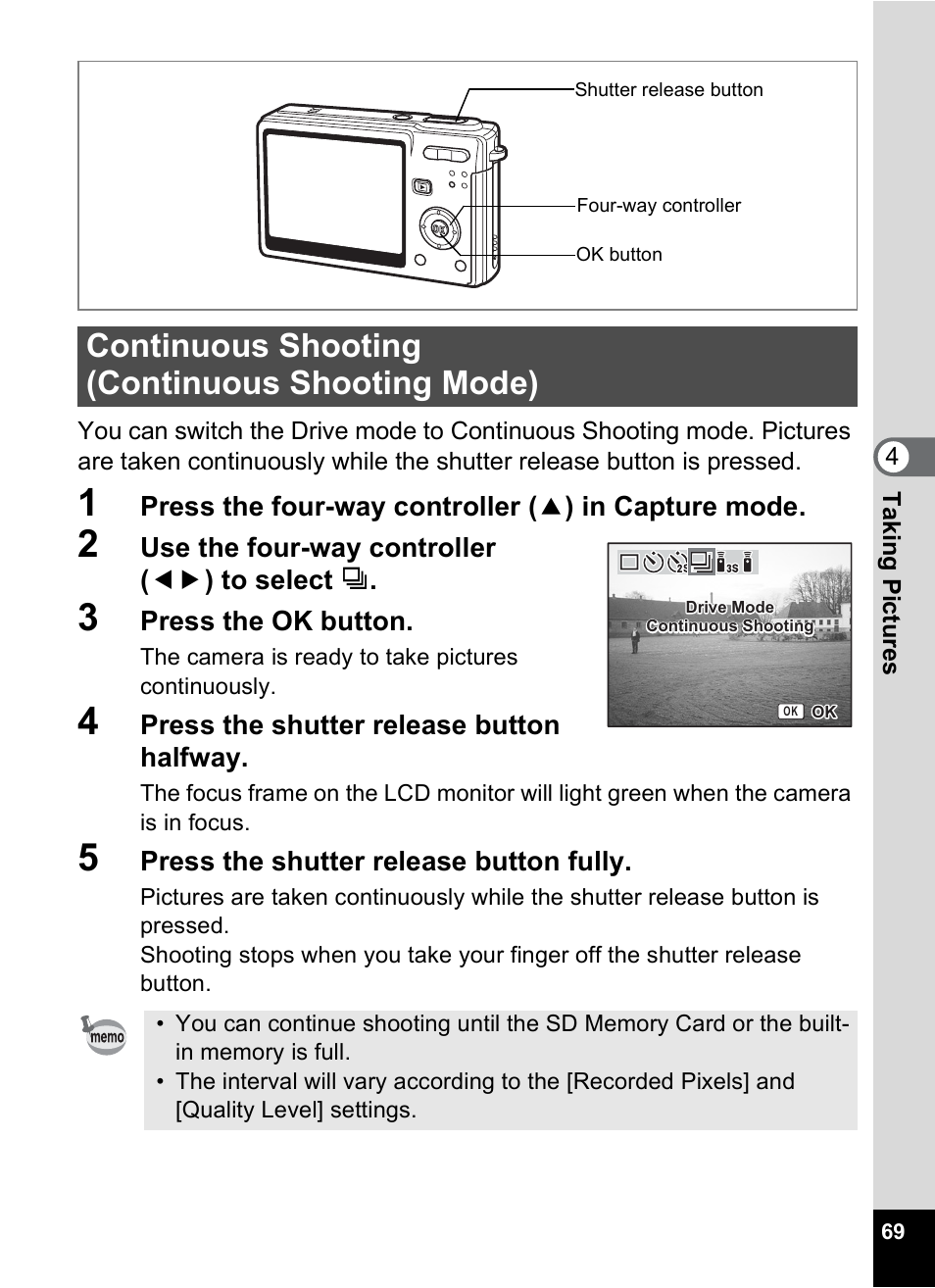 Continuous shooting (continuous shooting mode) | Pentax Optios7 User Manual | Page 71 / 192