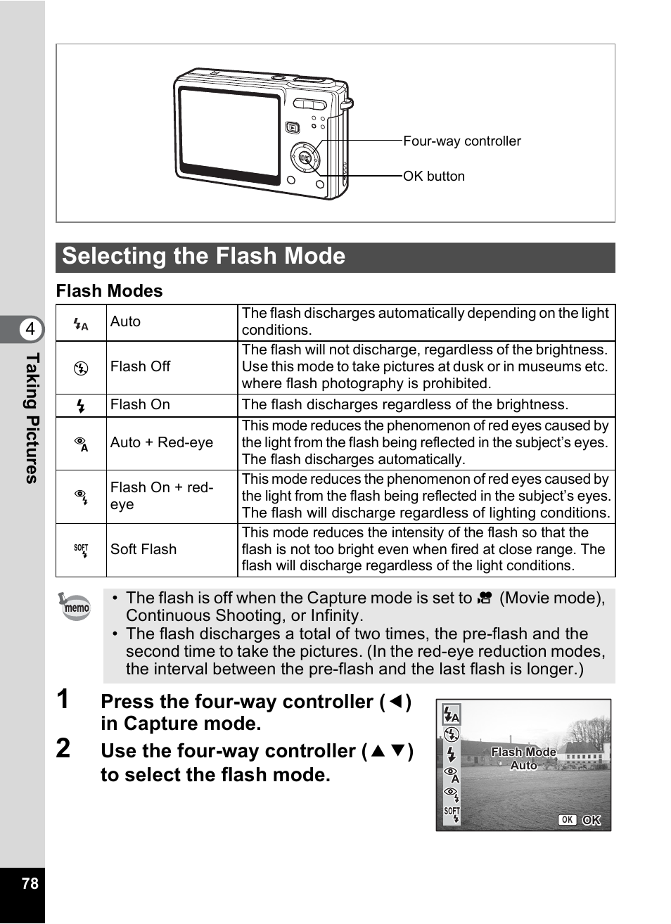 Selecting the flash mode, P.78) | Pentax Optios7 User Manual | Page 80 / 192