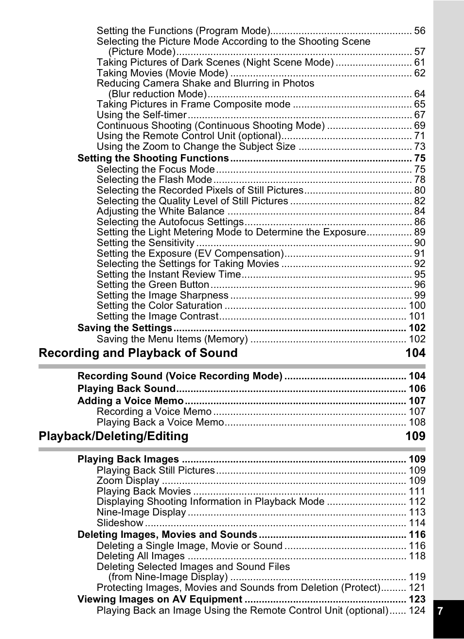 Recording and playback of sound 104, Playback/deleting/editing 109 | Pentax Optios7 User Manual | Page 9 / 192