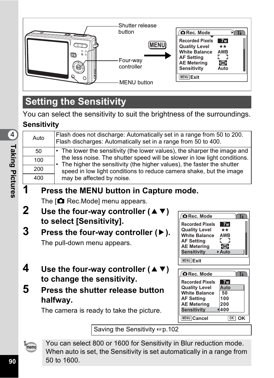 Setting the sensitivity, P.90, Press the menu button in capture mode | Press the four-way controller ( 5 ), Press the shutter release button halfway | Pentax Optios7 User Manual | Page 92 / 192