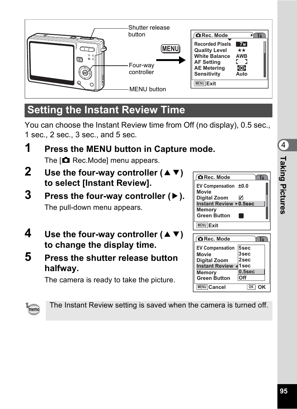 Setting the instant review time, P.95, Press the menu button in capture mode | Press the four-way controller ( 5 ), Press the shutter release button halfway | Pentax Optios7 User Manual | Page 97 / 192