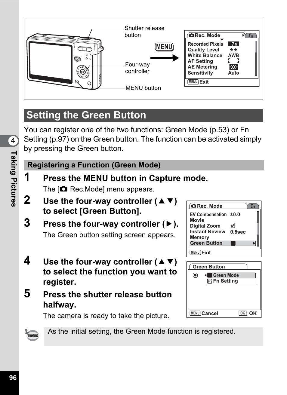 Setting the green button, P.96, Press the menu button in capture mode | Press the four-way controller ( 5 ), Press the shutter release button halfway | Pentax Optios7 User Manual | Page 98 / 192