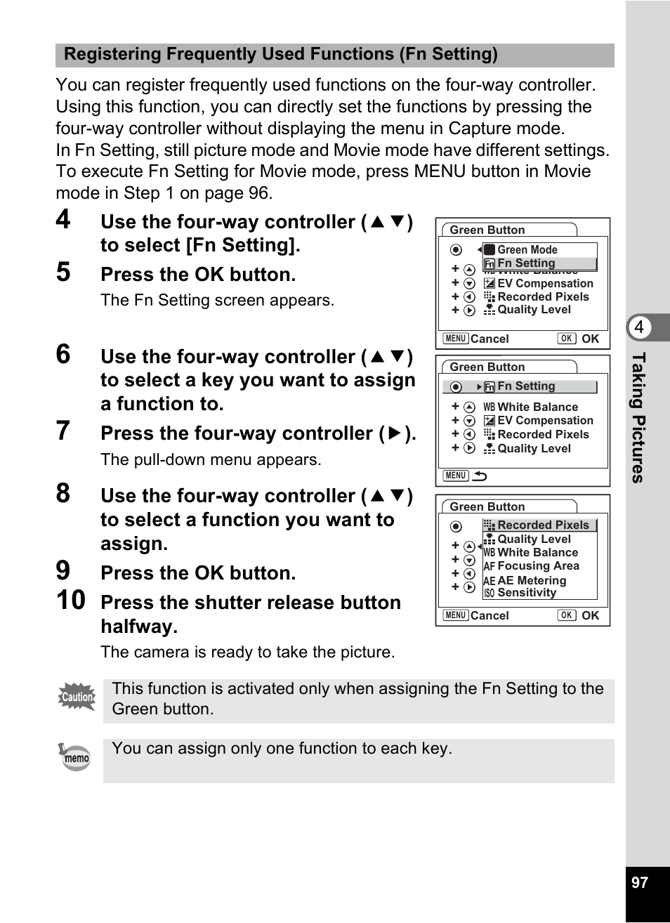 Press the ok button, Press the four-way controller ( 5 ), Press the shutter release button halfway | Registering frequently used functions (fn setting) | Pentax Optios7 User Manual | Page 99 / 192