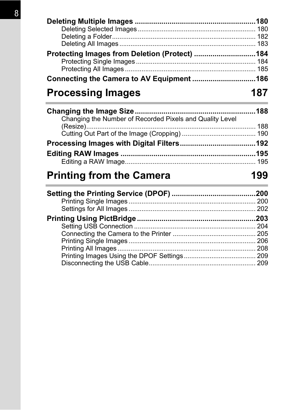 Processing images 187, Printing from the camera 199 | Pentax K-m/K2000 User Manual | Page 10 / 280