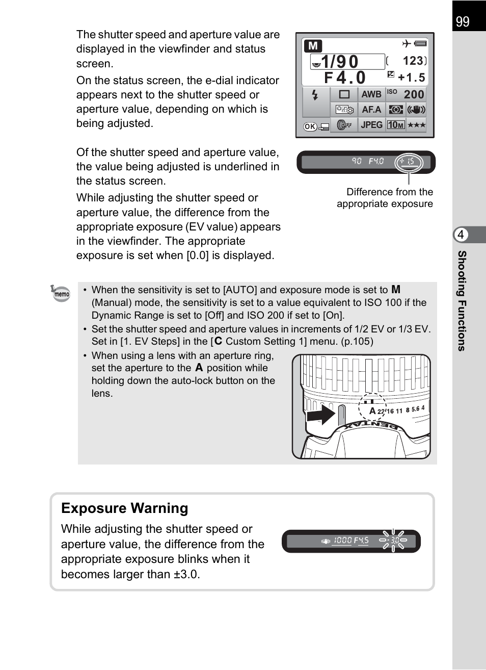 P.99), Exposure warning | Pentax K-m/K2000 User Manual | Page 101 / 280