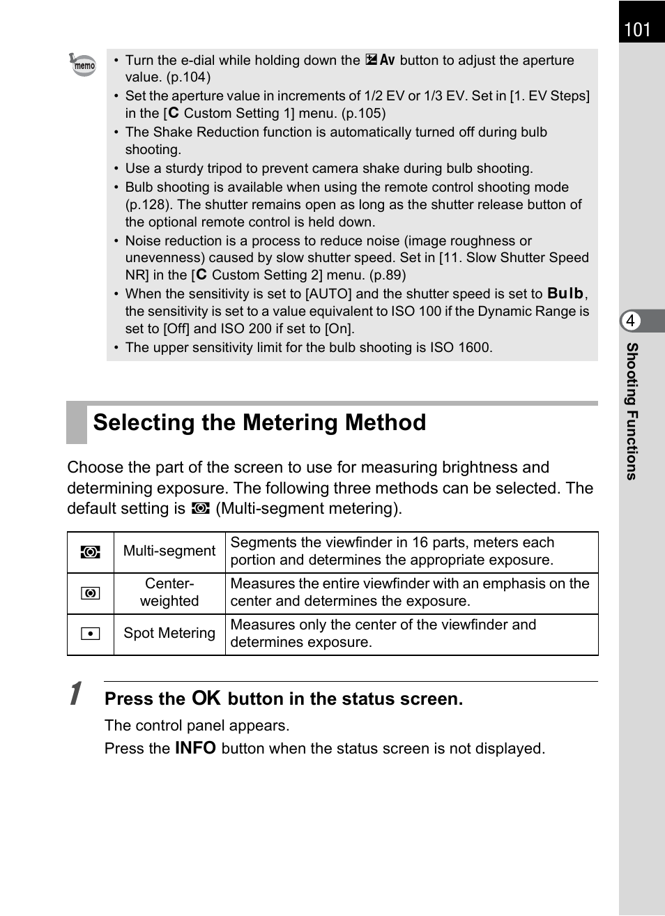 Selecting the metering method, P.101), P.101 | Pentax K-m/K2000 User Manual | Page 103 / 280