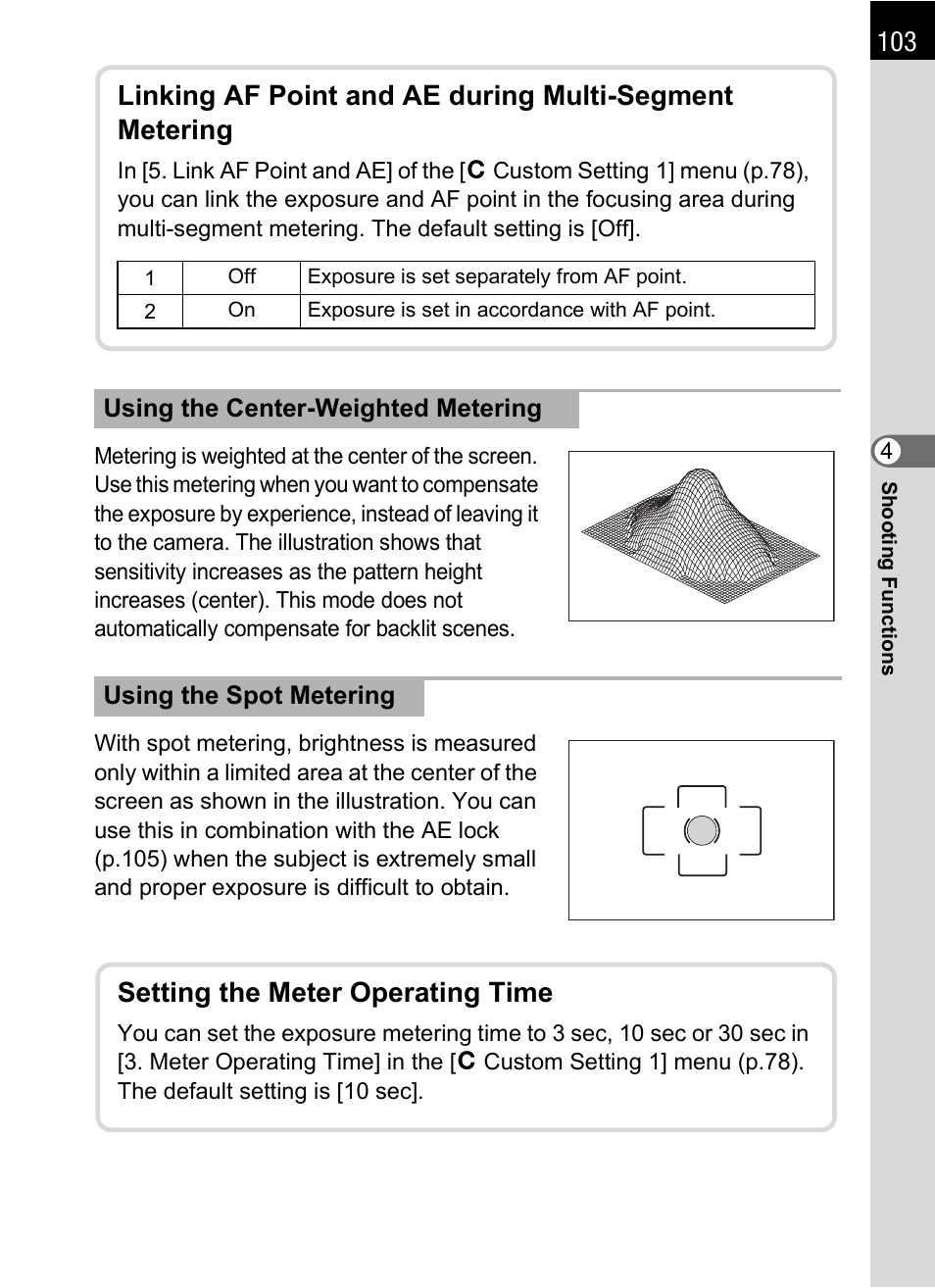 P.103), P.103, Setting the meter operating time | Pentax K-m/K2000 User Manual | Page 105 / 280