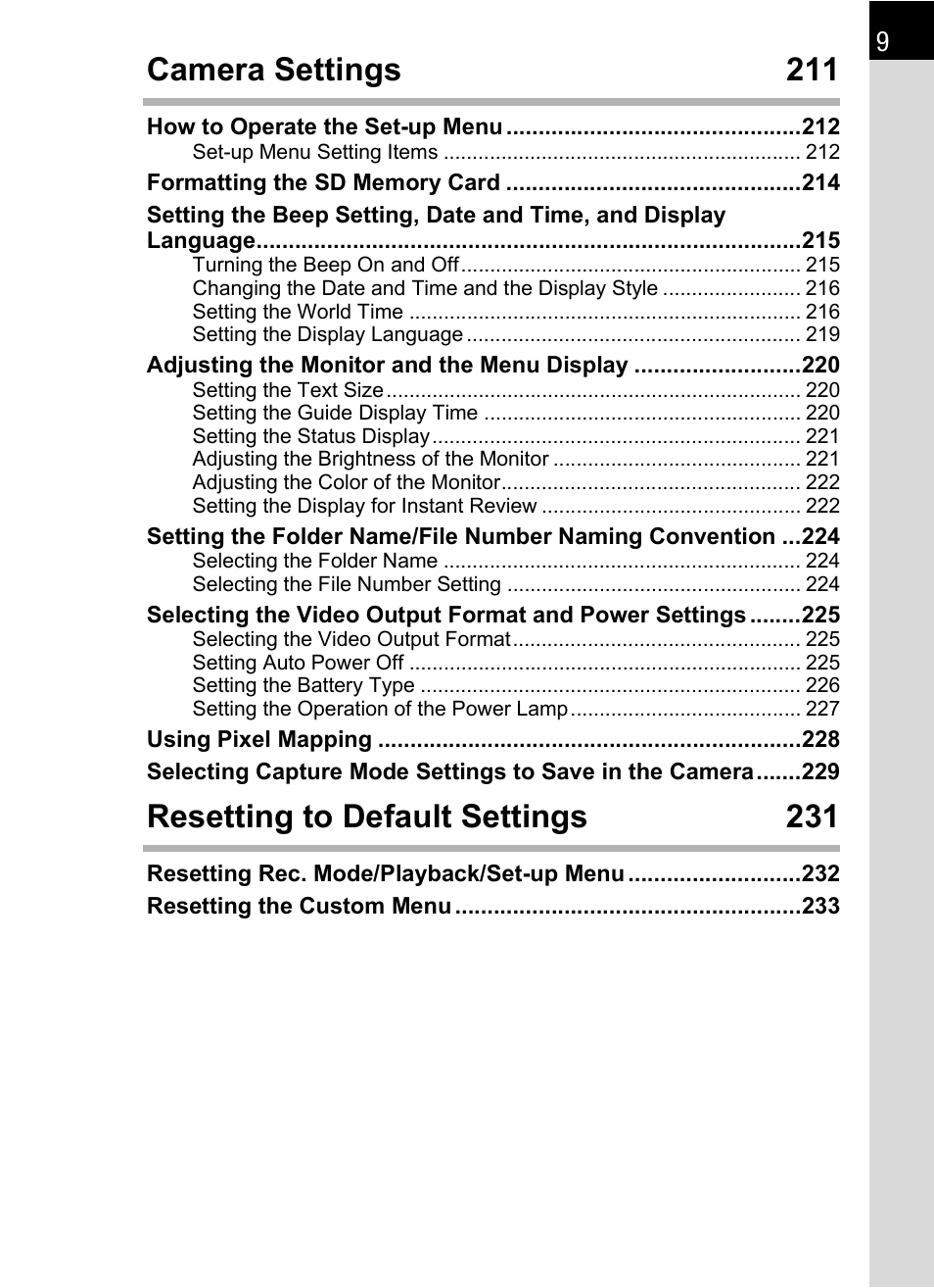 Camera settings 211, Resetting to default settings 231 | Pentax K-m/K2000 User Manual | Page 11 / 280