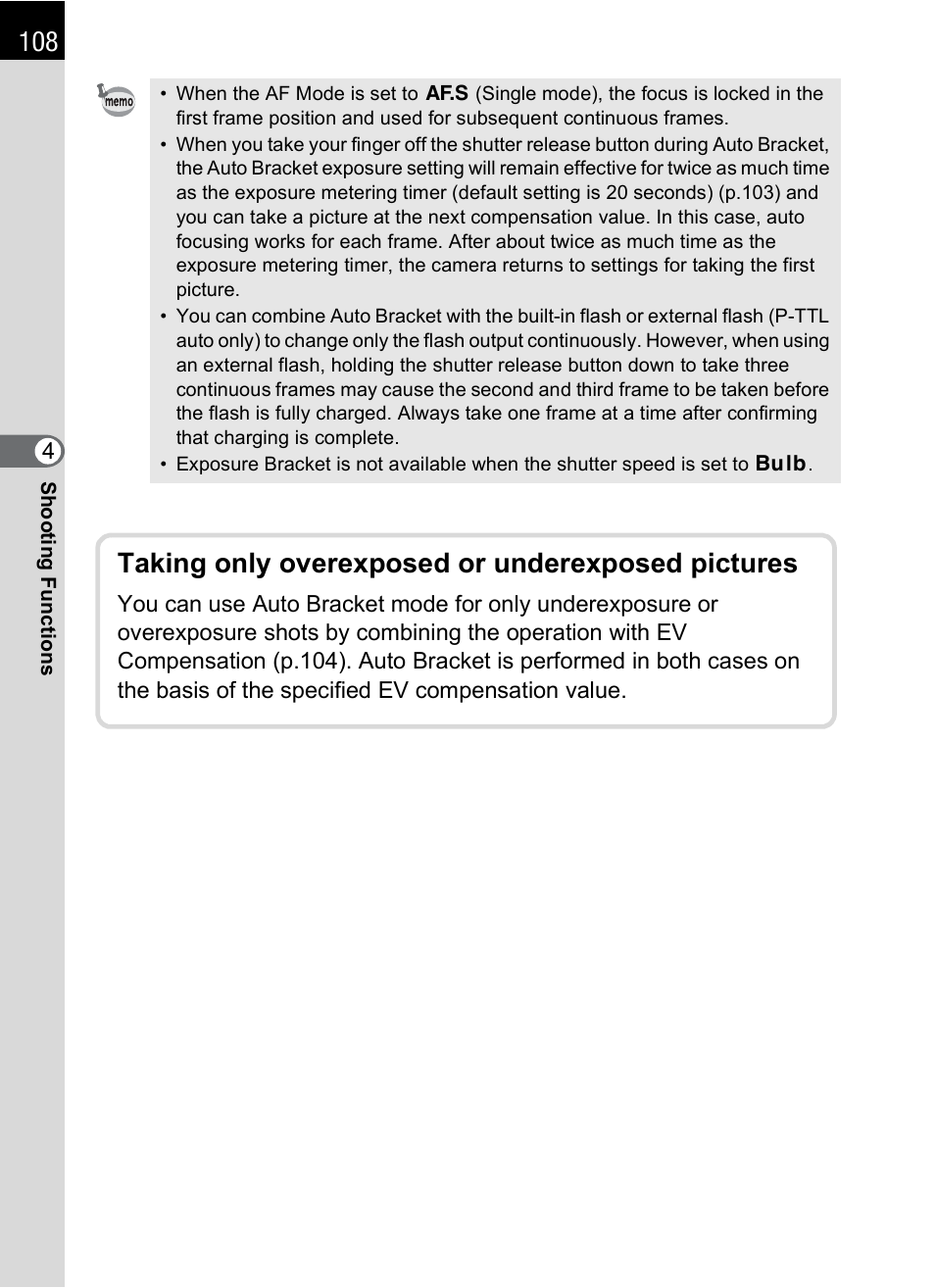 Taking only overexposed or underexposed pictures | Pentax K-m/K2000 User Manual | Page 110 / 280