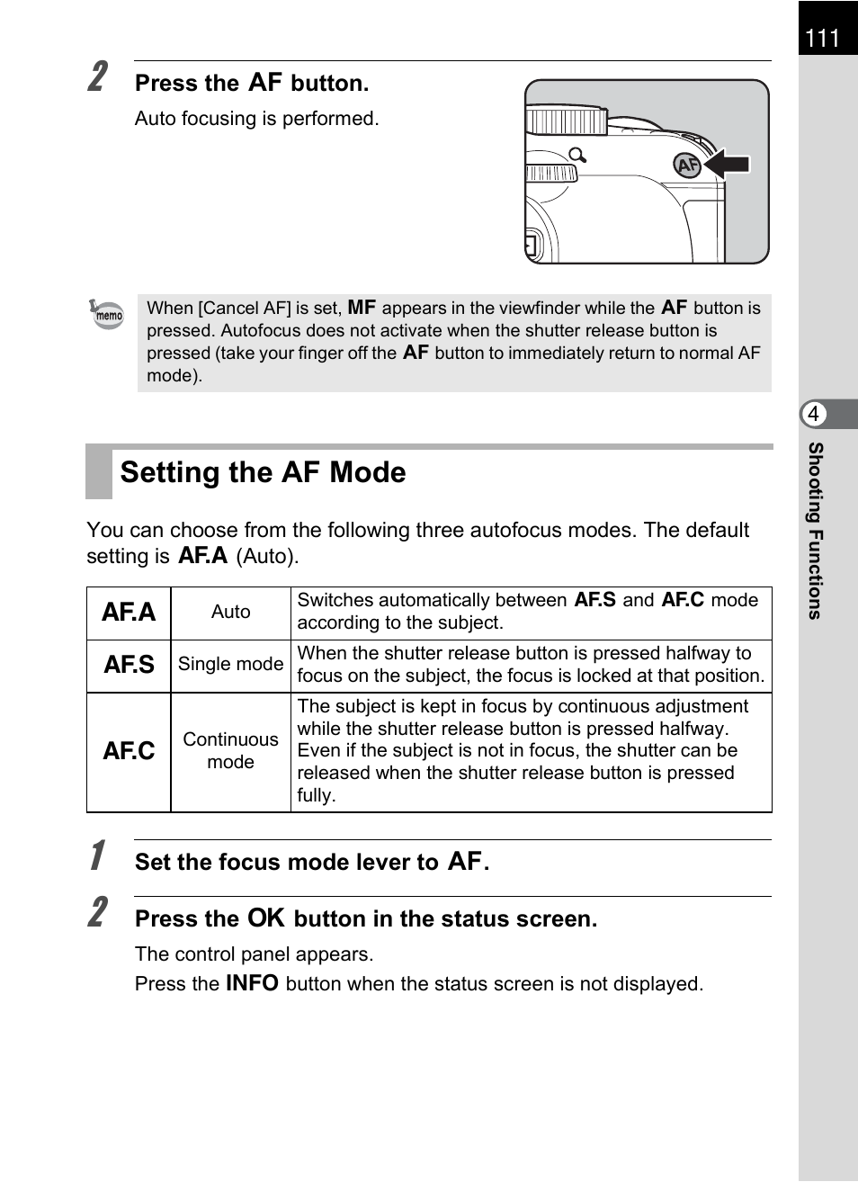 Setting the af mode, P.111 | Pentax K-m/K2000 User Manual | Page 113 / 280