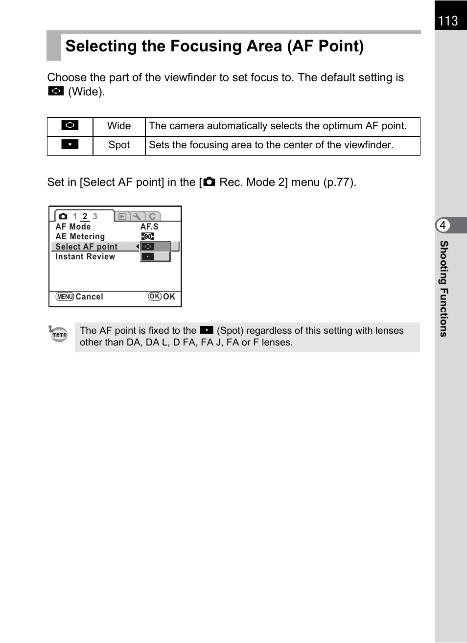 Selecting the focusing area (af point), P.113 | Pentax K-m/K2000 User Manual | Page 115 / 280