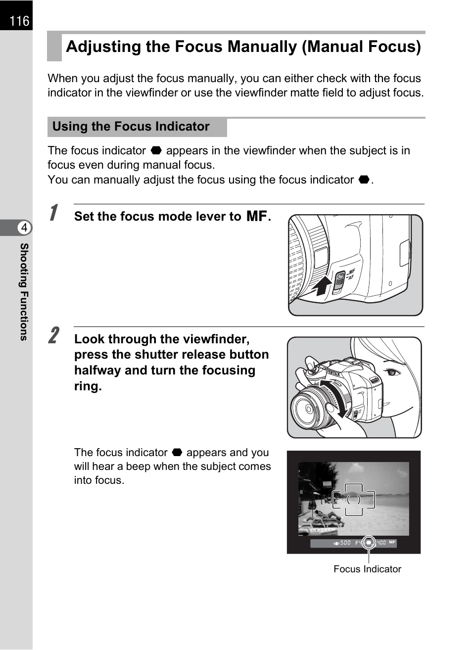 Adjusting the focus manually (manual focus), P.116) | Pentax K-m/K2000 User Manual | Page 118 / 280