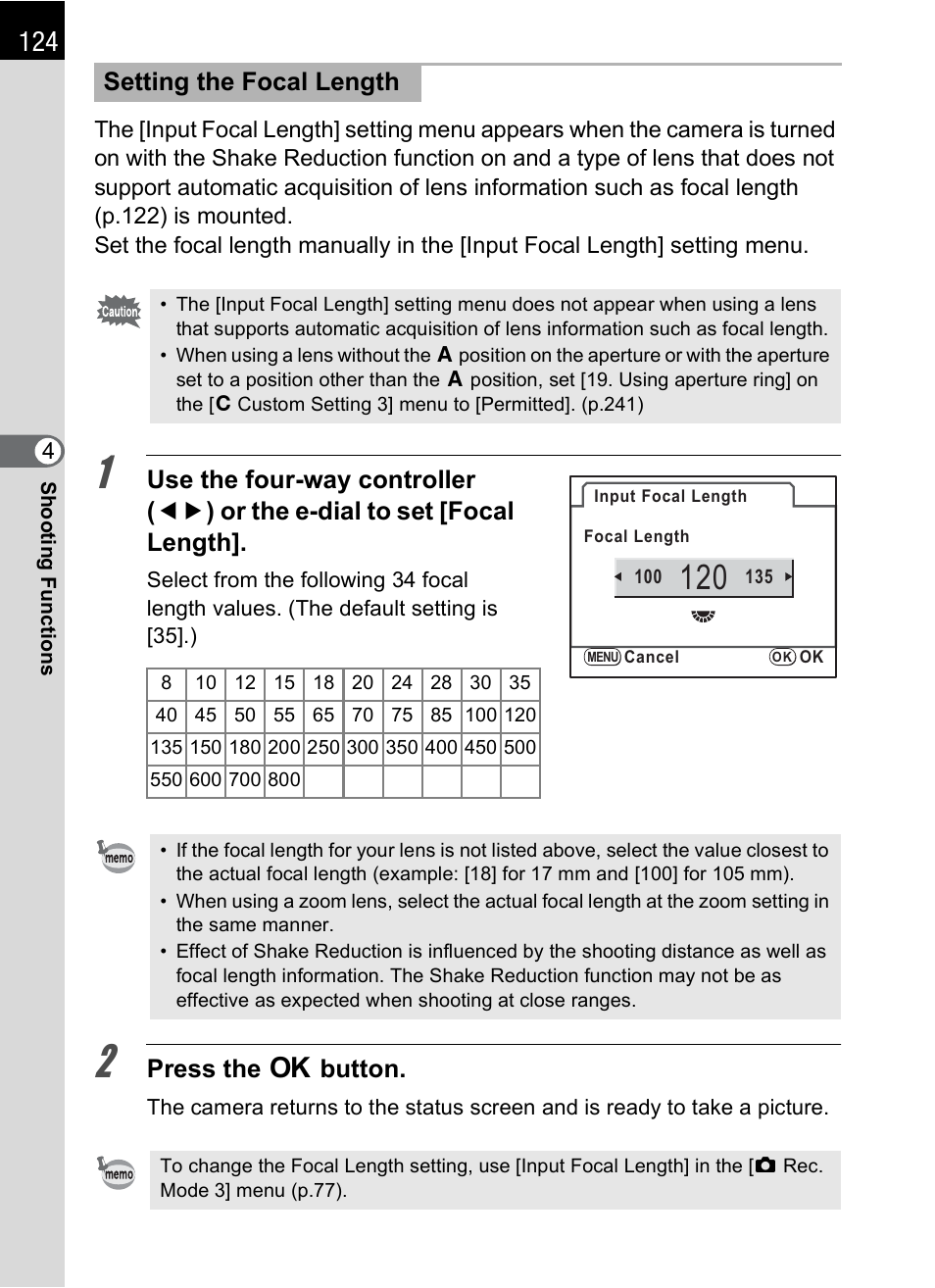 P.124, Press the 4 button, Setting the focal length | Pentax K-m/K2000 User Manual | Page 126 / 280