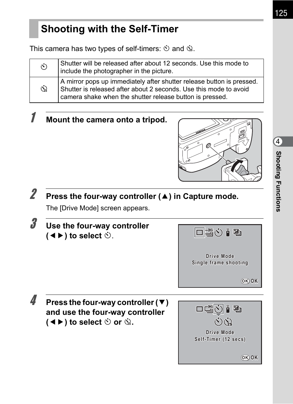 Shooting with the self-timer, P.125 | Pentax K-m/K2000 User Manual | Page 127 / 280