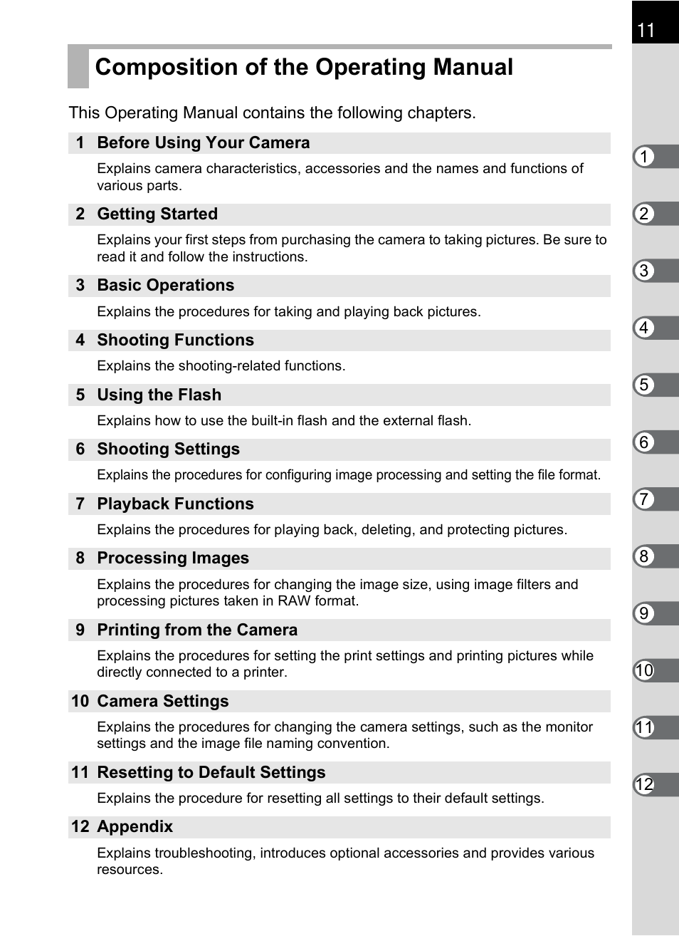 Composition of the operating manual | Pentax K-m/K2000 User Manual | Page 13 / 280