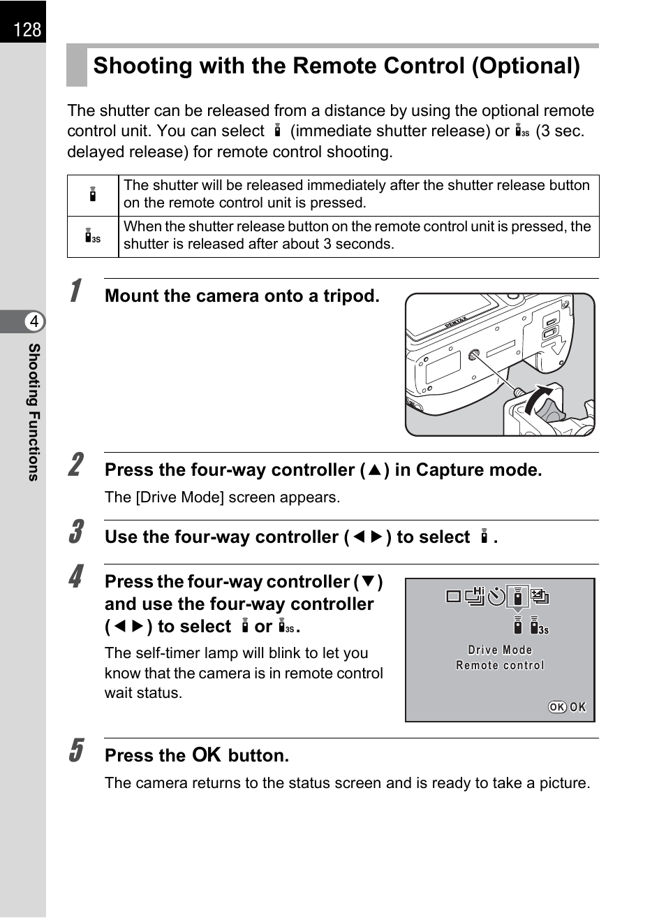 Shooting with the remote control (optional), P.128, P.128) | Pentax K-m/K2000 User Manual | Page 130 / 280