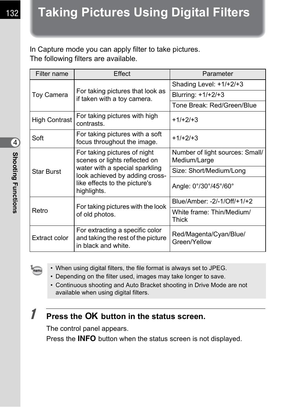 Taking pictures using digital filters, Er (p.132), P.132 | Pentax K-m/K2000 User Manual | Page 134 / 280