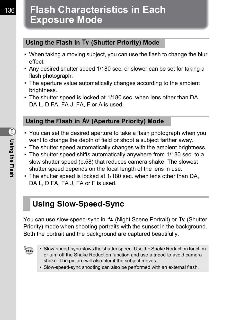 Flash characteristics in each exposure mode, Using slow-speed-sync | Pentax K-m/K2000 User Manual | Page 138 / 280