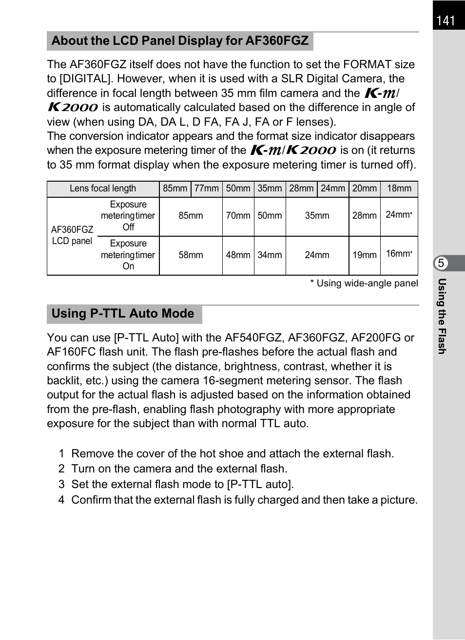 About the lcd panel display for af360fgz, Using p-ttl auto mode | Pentax K-m/K2000 User Manual | Page 143 / 280