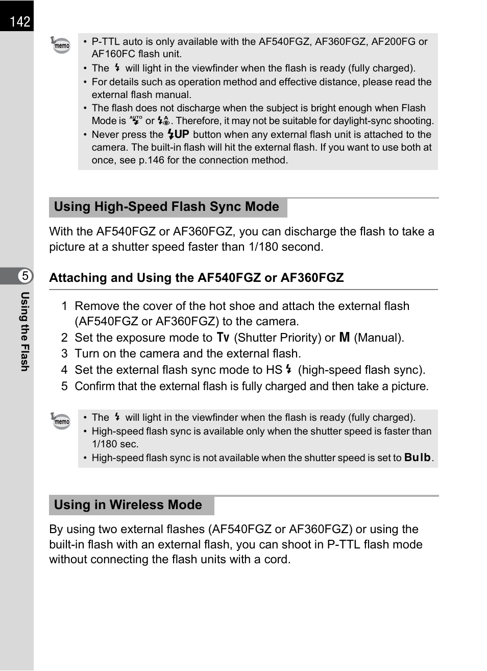 Using high-speed flash sync mode, Using in wireless mode | Pentax K-m/K2000 User Manual | Page 144 / 280