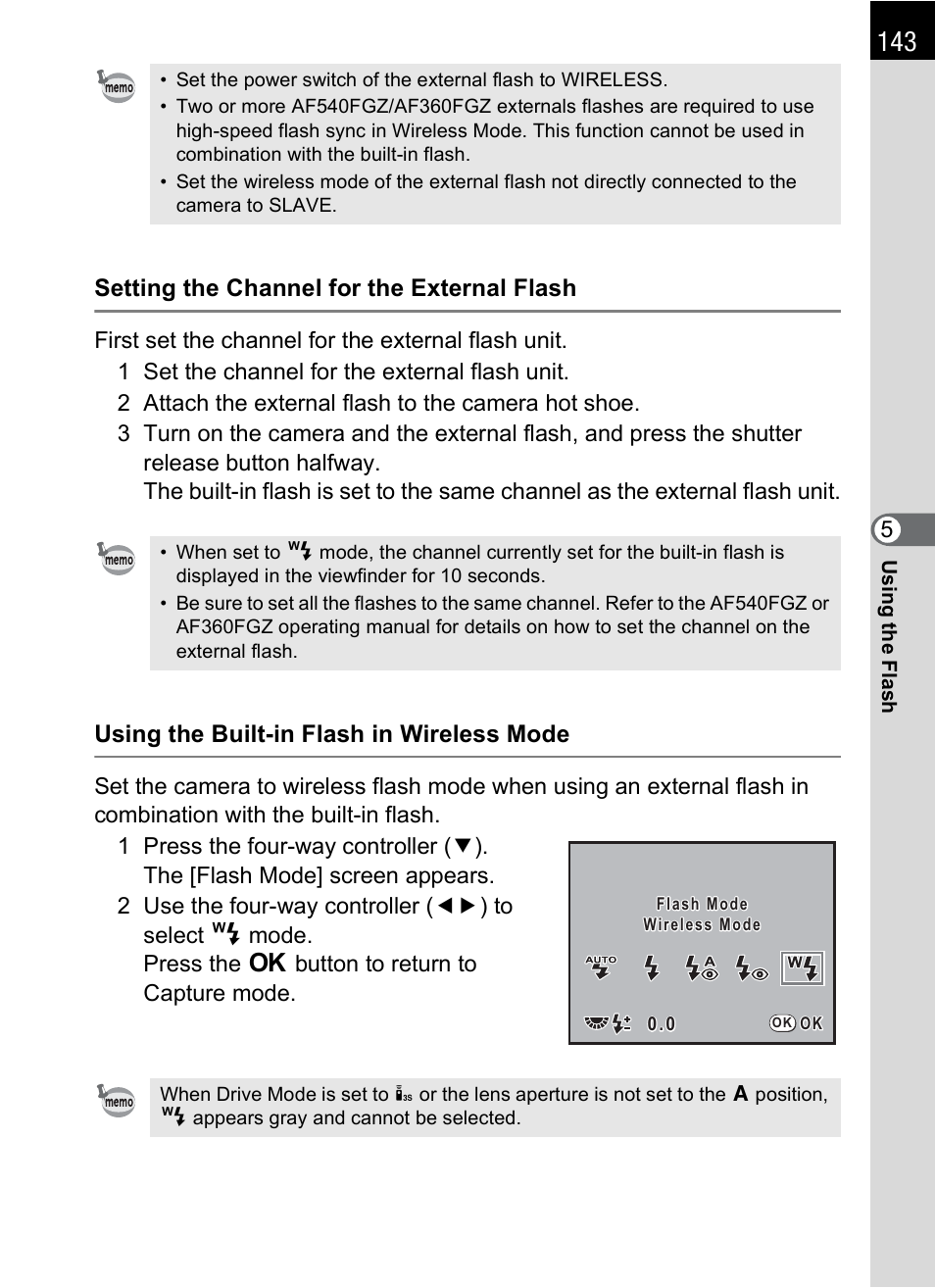 Setting the channel for the external flash, Using the built-in flash in wireless mode | Pentax K-m/K2000 User Manual | Page 145 / 280