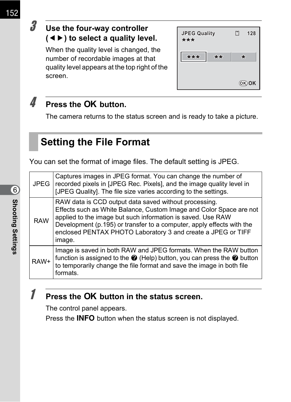 Setting the file format, P.152), P.152 | Pentax K-m/K2000 User Manual | Page 154 / 280