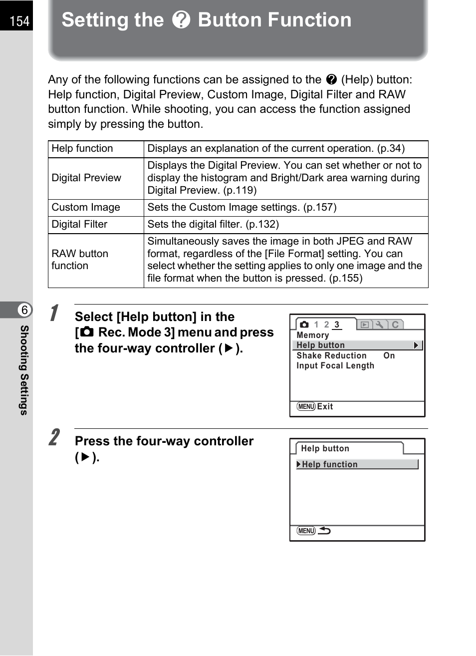 Setting the help button function, Setting the g button function, P.154) | P.154 | Pentax K-m/K2000 User Manual | Page 156 / 280