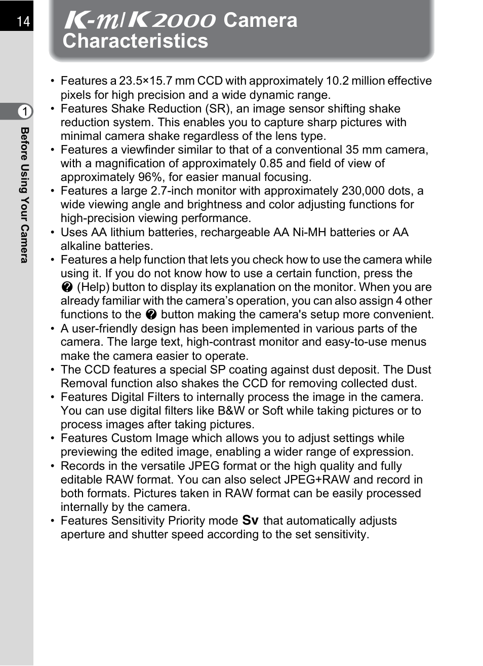 K-m/k2000 camera characteristics, Y camera characteristics, E/ y camera characteristics | Pentax K-m/K2000 User Manual | Page 16 / 280