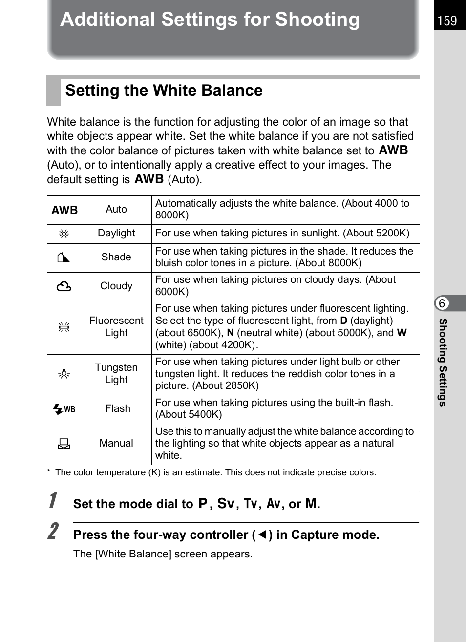 Additional settings for shooting, Setting the white balance, P.159) | Setting the white balance (p.159), P.159 | Pentax K-m/K2000 User Manual | Page 161 / 280