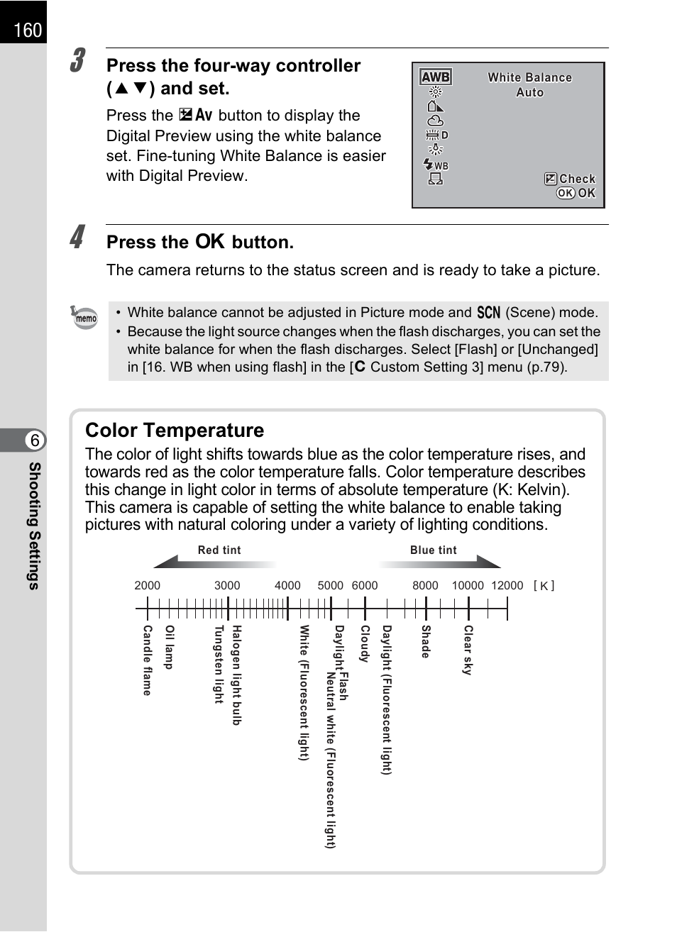 P.160, Color temperature, Press the four-way controller ( 23 ) and set | Press the 4 button | Pentax K-m/K2000 User Manual | Page 162 / 280