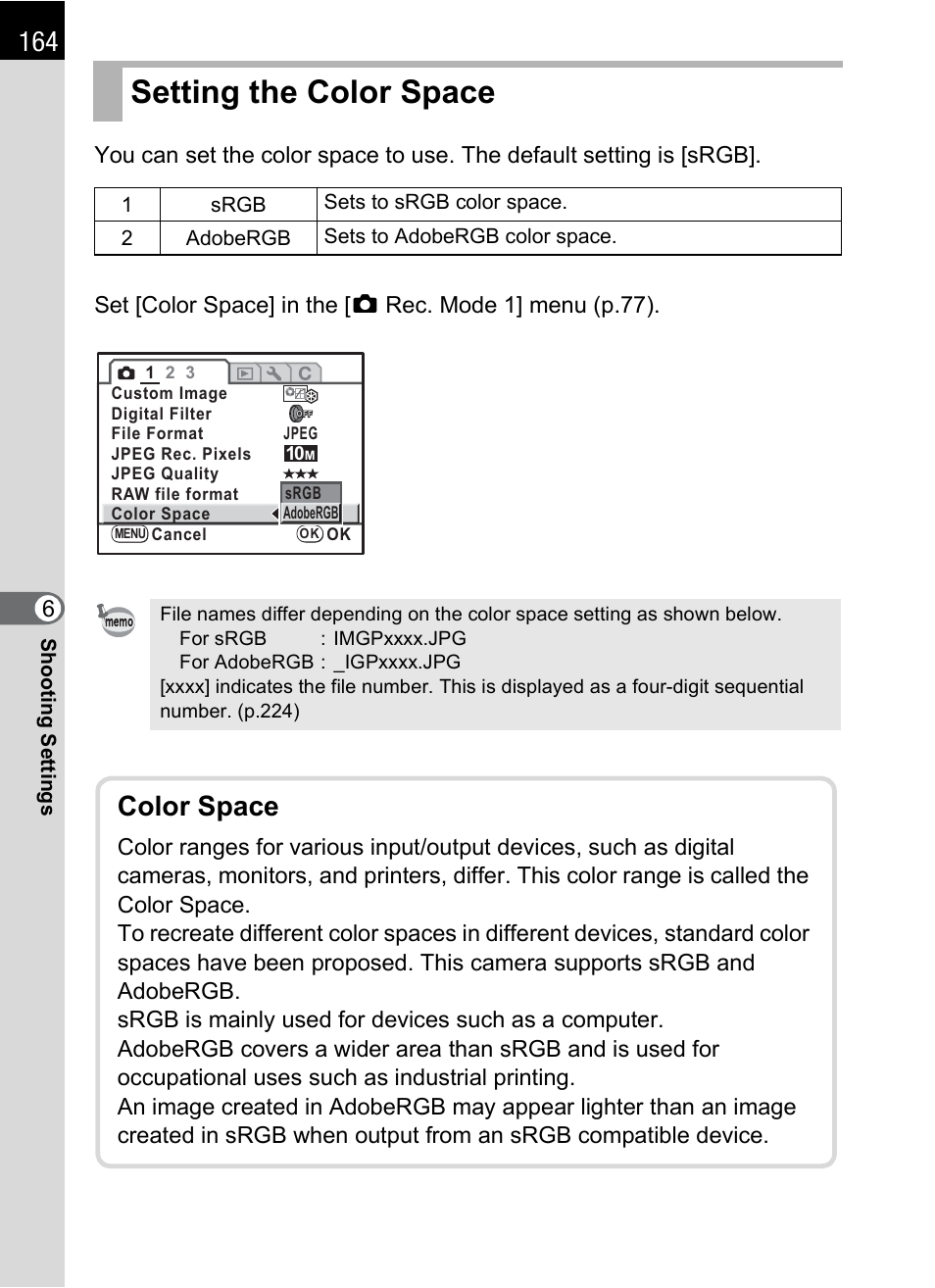 Setting the color space, P.164, Color space | Pentax K-m/K2000 User Manual | Page 166 / 280