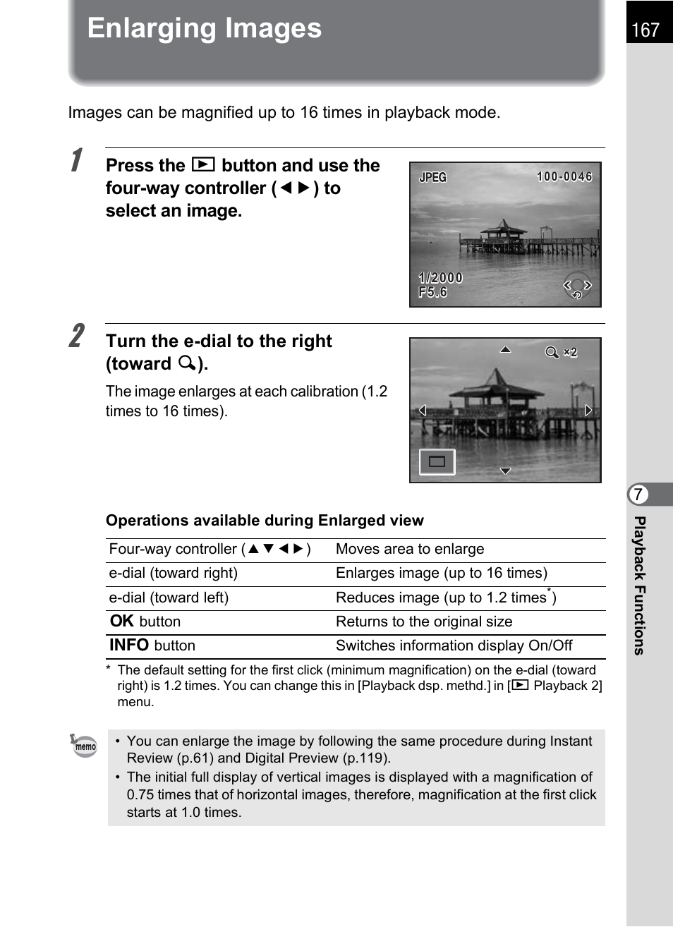 Enlarging images, P.167) or, P.167) | Pentax K-m/K2000 User Manual | Page 169 / 280