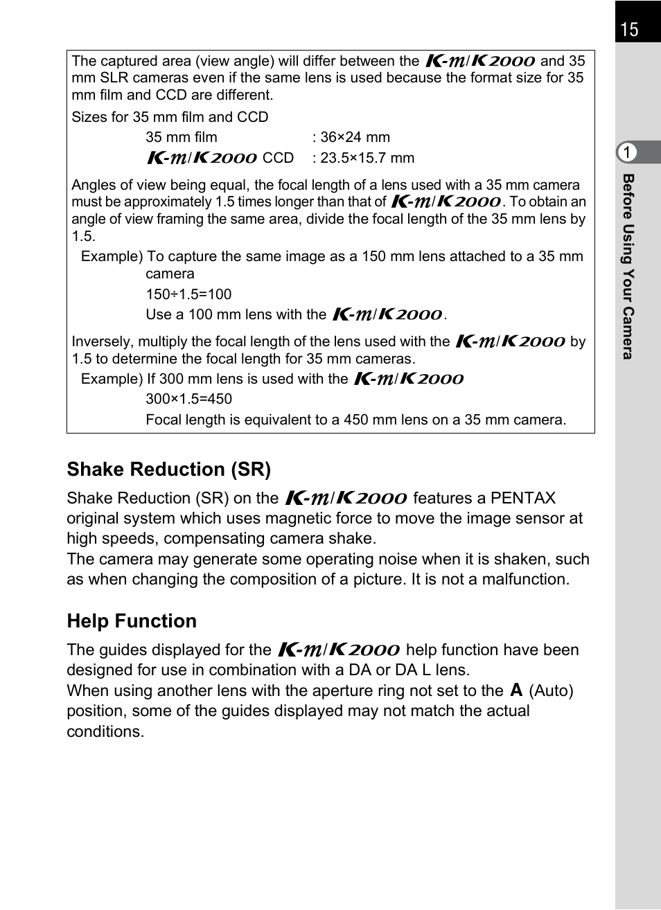 15 shake reduction (sr), Help function | Pentax K-m/K2000 User Manual | Page 17 / 280