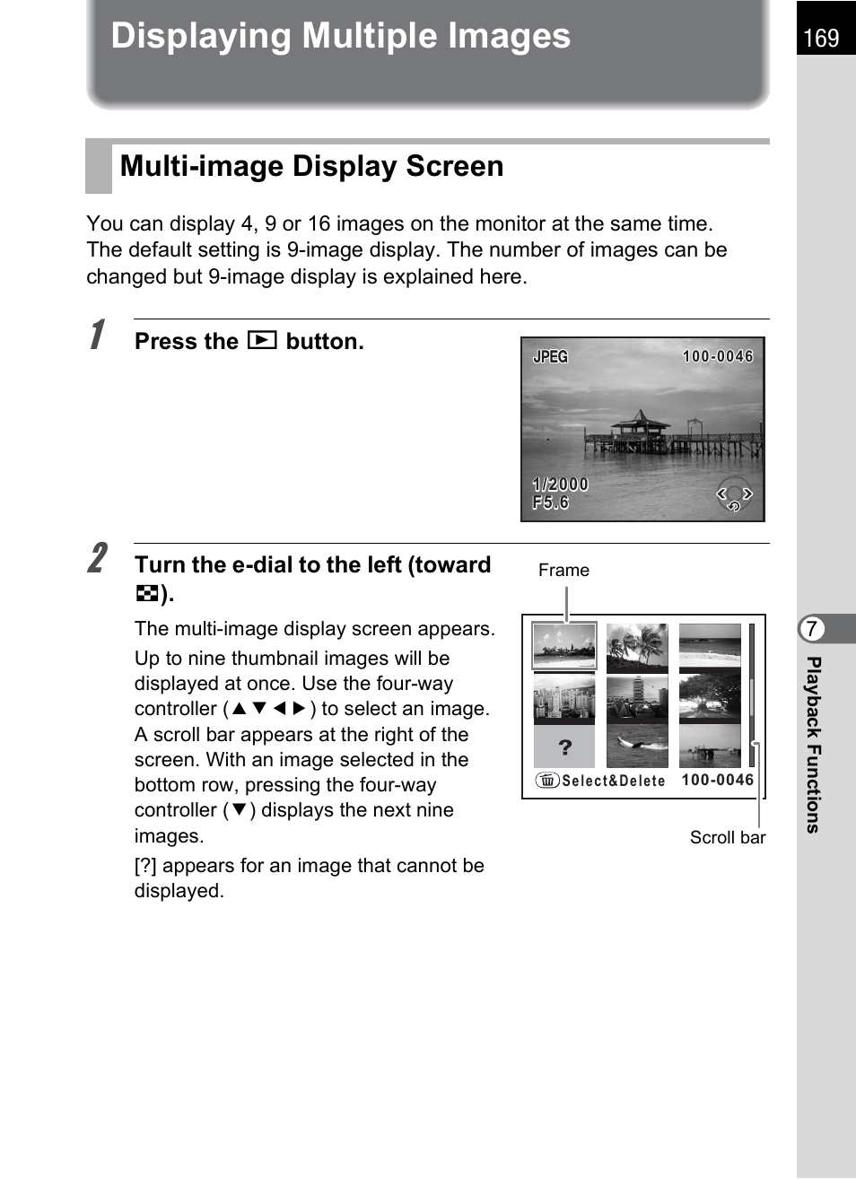 Displaying multiple images, Multi-image display screen, P.169) | Pentax K-m/K2000 User Manual | Page 171 / 280