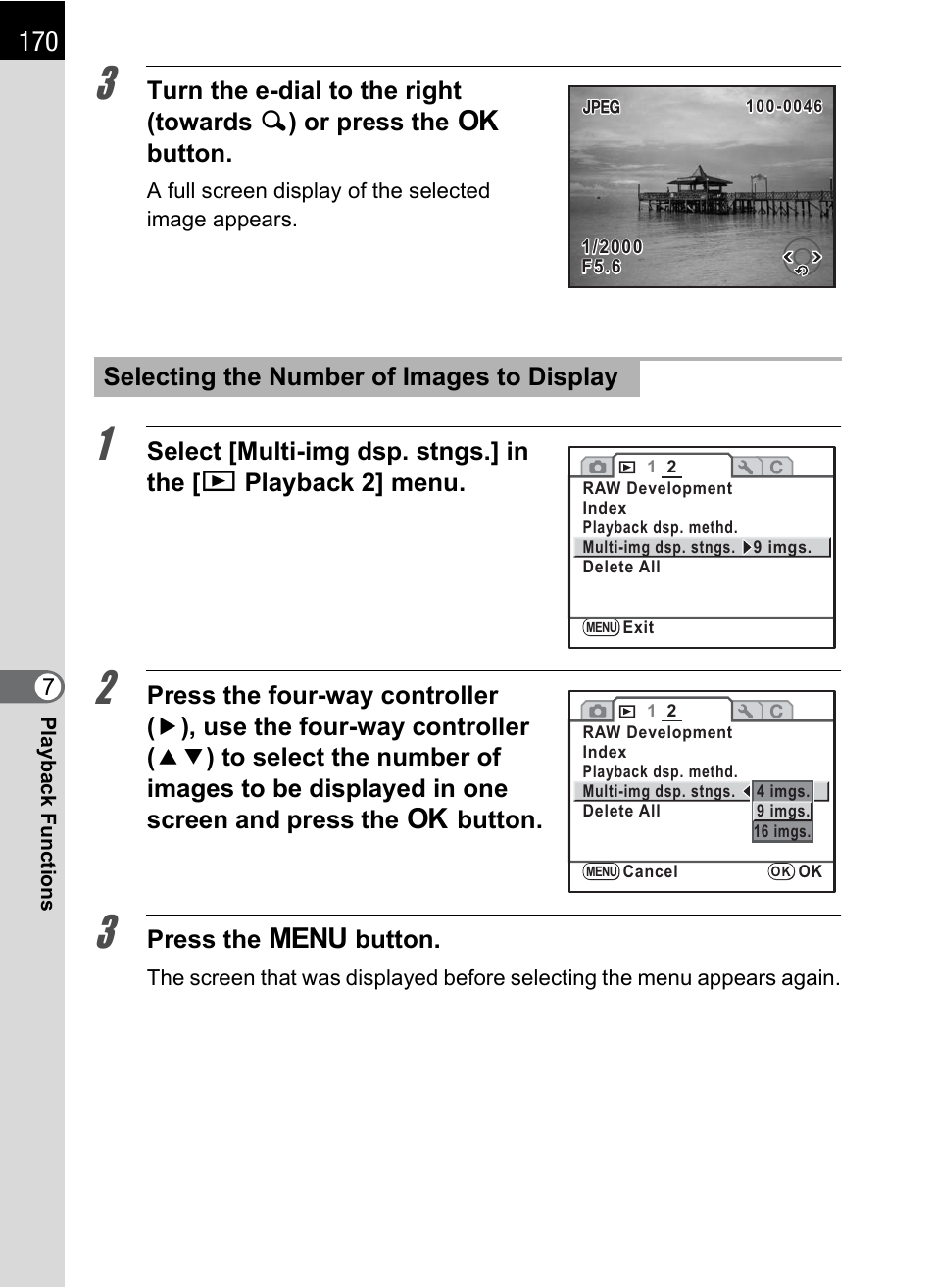 P.170, Press the 3 button, Selecting the number of images to display | Pentax K-m/K2000 User Manual | Page 172 / 280